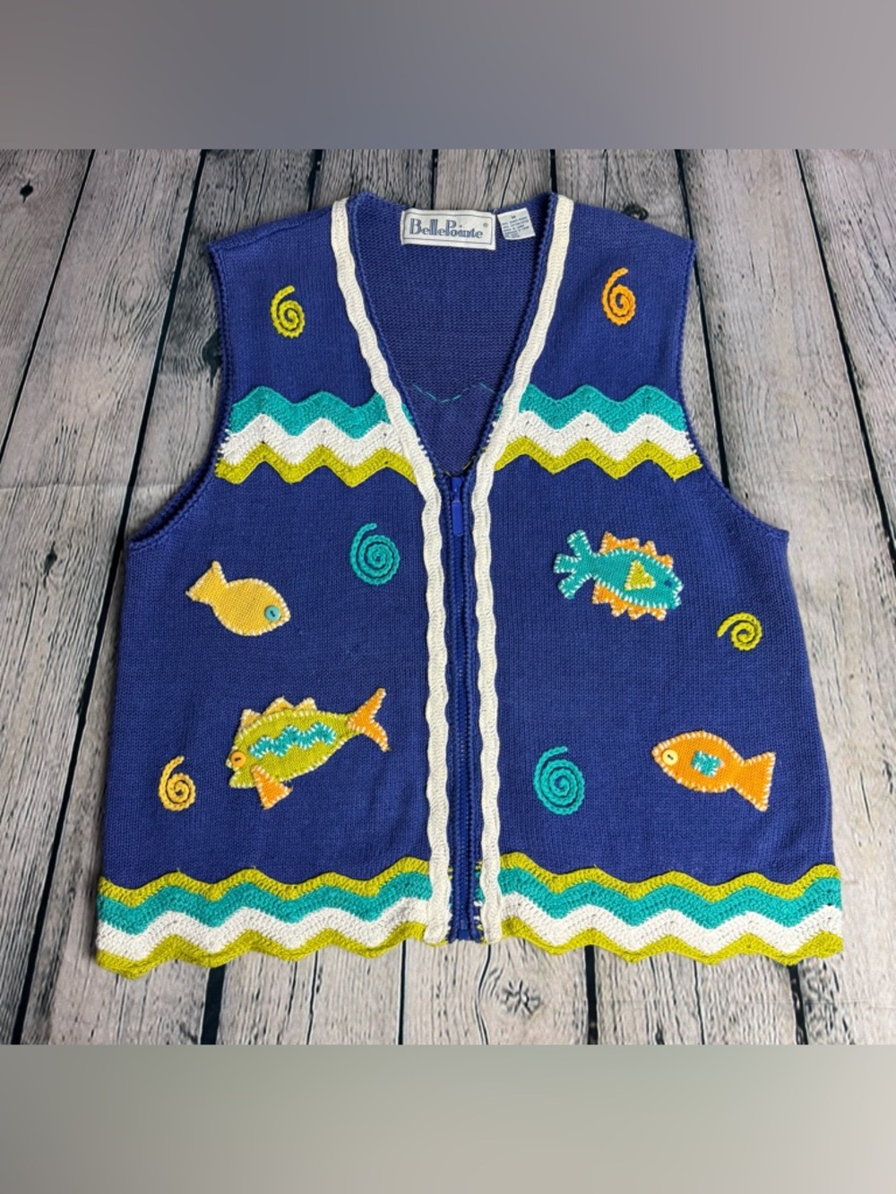 BellePointe Vintage Embroidered Fish Appliqué Knit Vest Blue Teal Yellow Size M